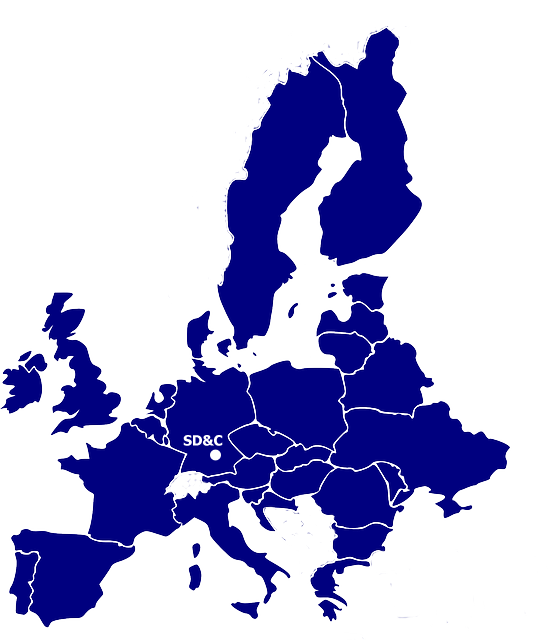 La UE con 28 estados miembros y la ubicación de SD&C .